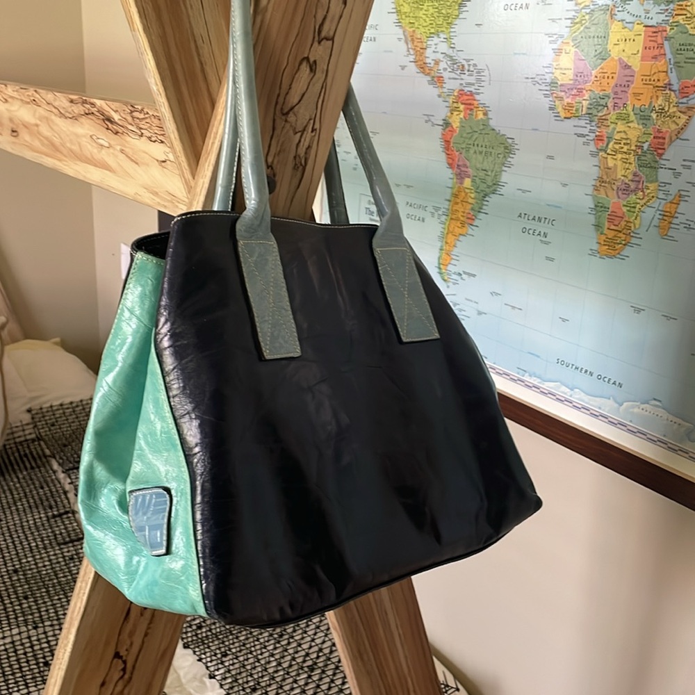 Leather Tri colored  tote with double handles